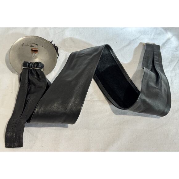 Vtg Black Leather Belt Silver Buckle Tassel Reynold Mejer Metal Petals Studio - Picture 2 of 7